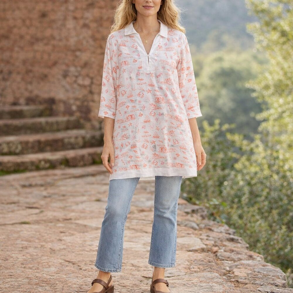 NWT Martha Stewart Beachy Linen Tunic Shirt 3/4 Sleeve V-Neck Size Small